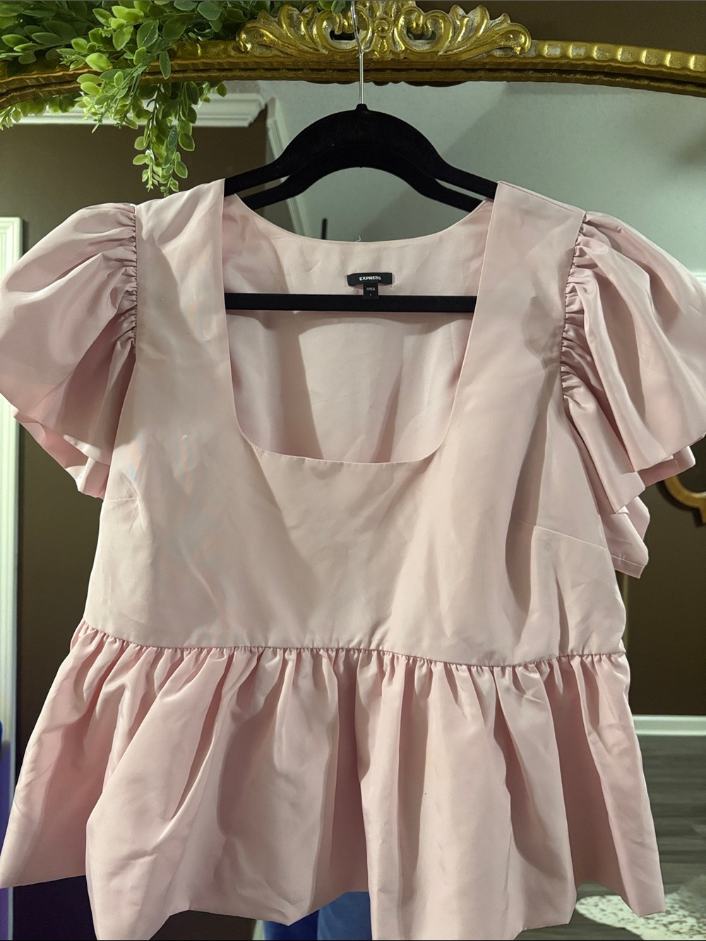 Express Pale Pink Square Neck Puff Sleeve Top